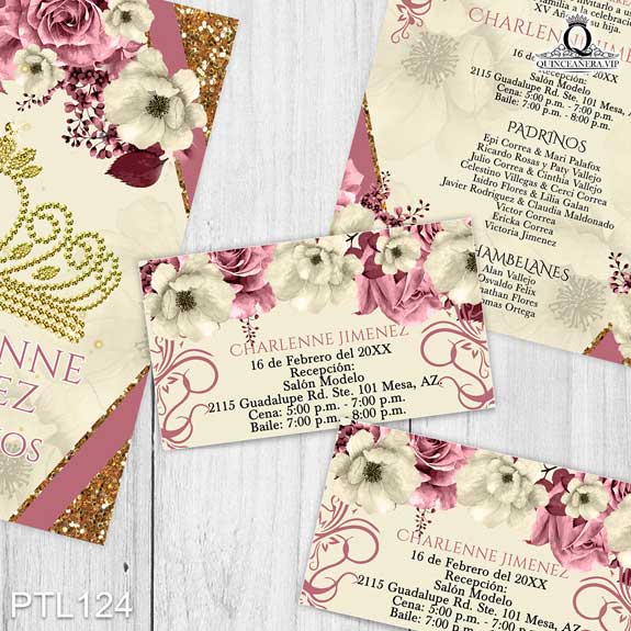 Invitaciones de 15 Años Coronas Flores Brillantina PTL124