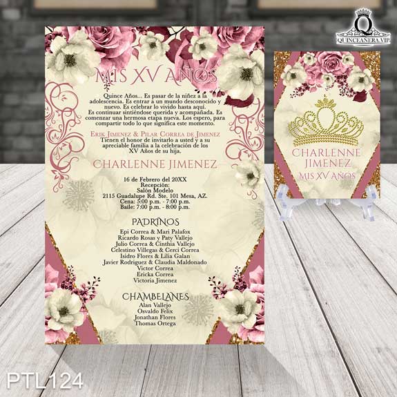 Invitaciones de 15 Años Coronas Flores Brillantina PTL124