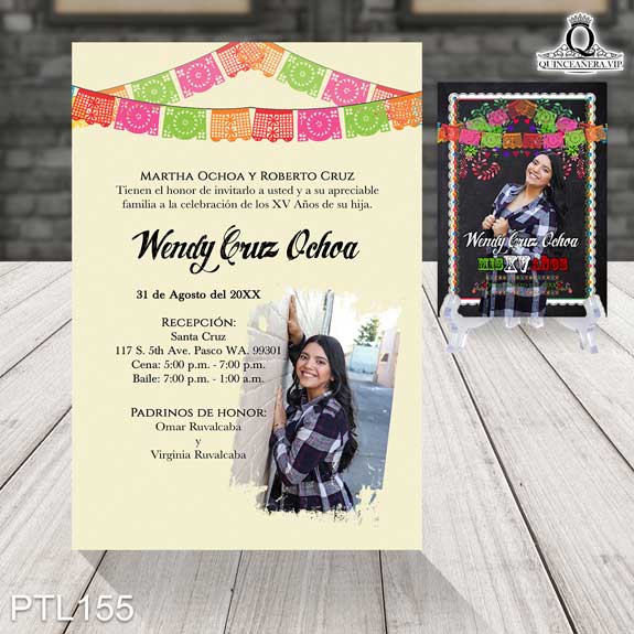 Invitaciones de 15 Años con fotos y papel picado PTL155