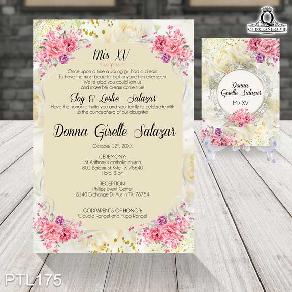 Invitaciones de Quinceañera de Flores Emblemas Brillos PTL175 - PTL175